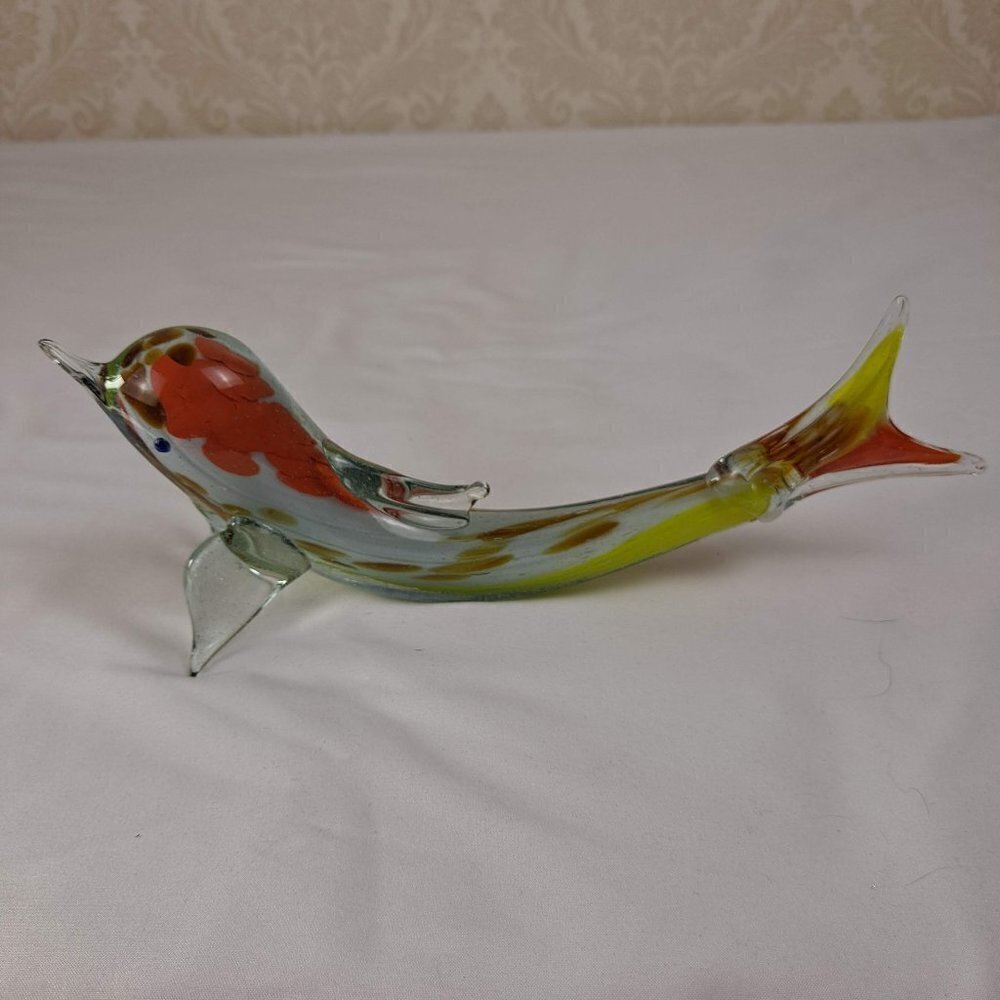 Hand Blown Art Glass Dolphin Colorful Yellow Orange White Paperweight Sculpture